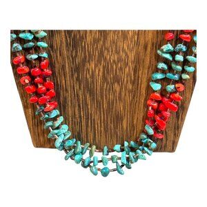 VTG Navajo blue Turquoise Necklace Heishi coral Triple strand beads Old Pawn 31"